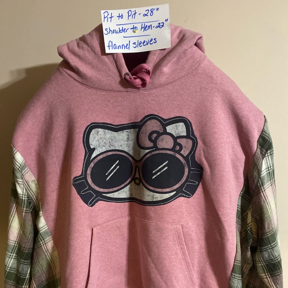 Hello Kitty Pink Hoodie with Plaid Sleeves size L Up cycled